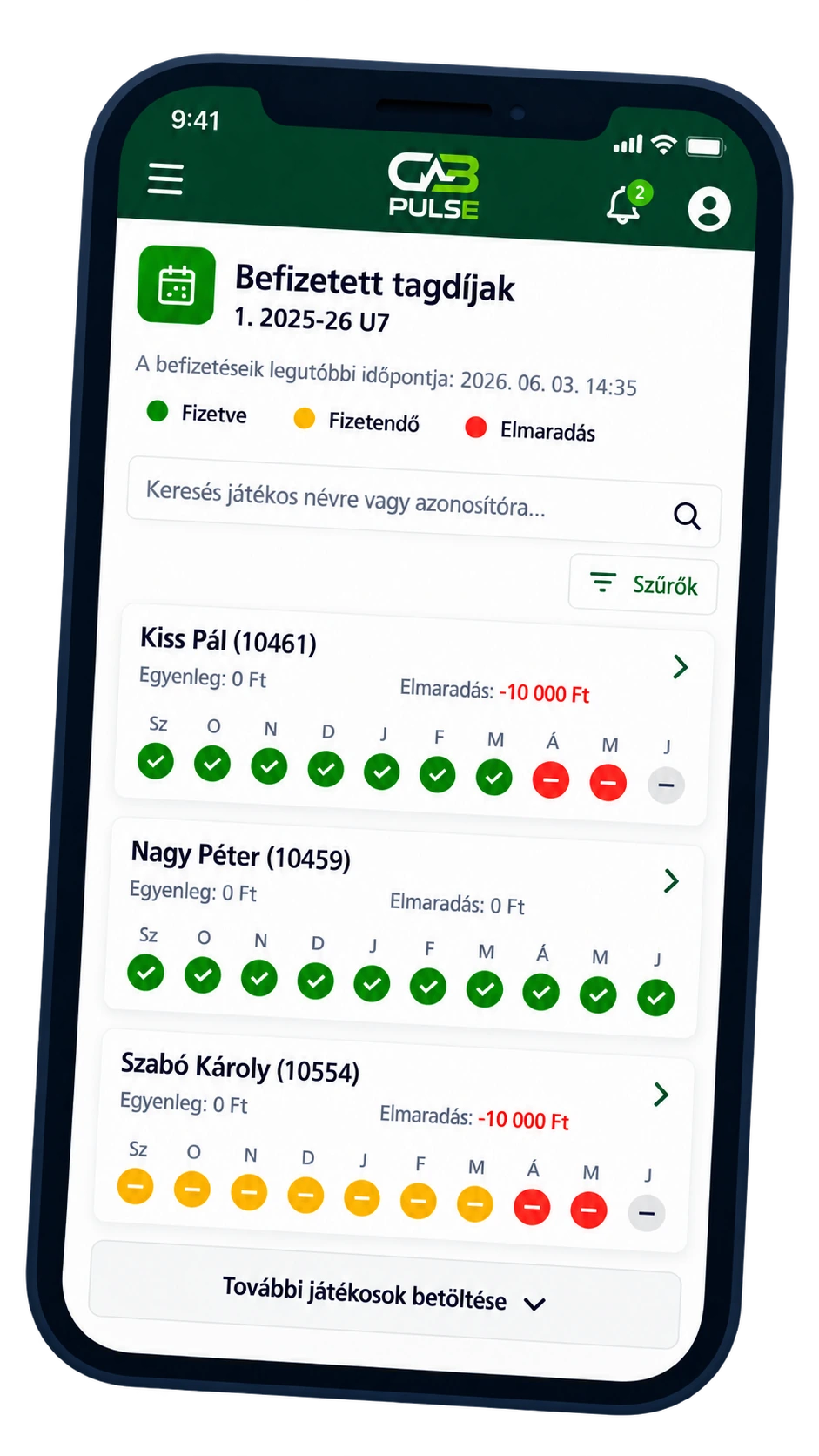 A CB PULSE befizetett tagdíjak képernyője mobilon