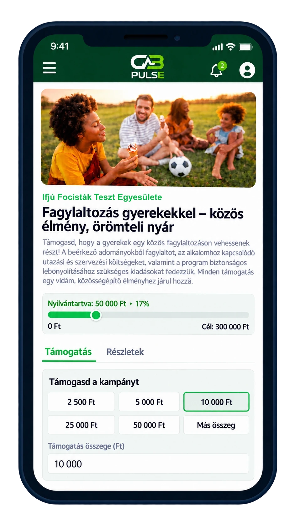 A CB PULSE támogatási kampány képernyője mobilon